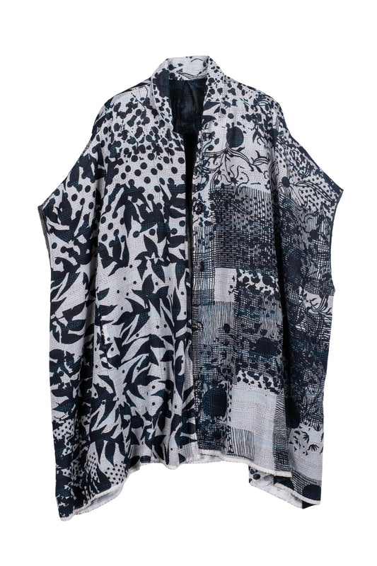 MONOTONE TWILIGHT PRINT KANTHA SHIRT PONCHO - tp2545-wht -