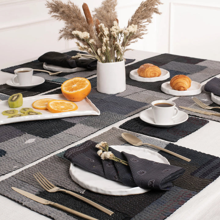 Landscape Fray patch vintage Kantha Napkin - Black (Set of 2)