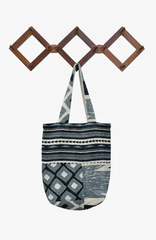 Monotone Ikat Handmade Vintage Kantha Tote Bag- Monotone  Black