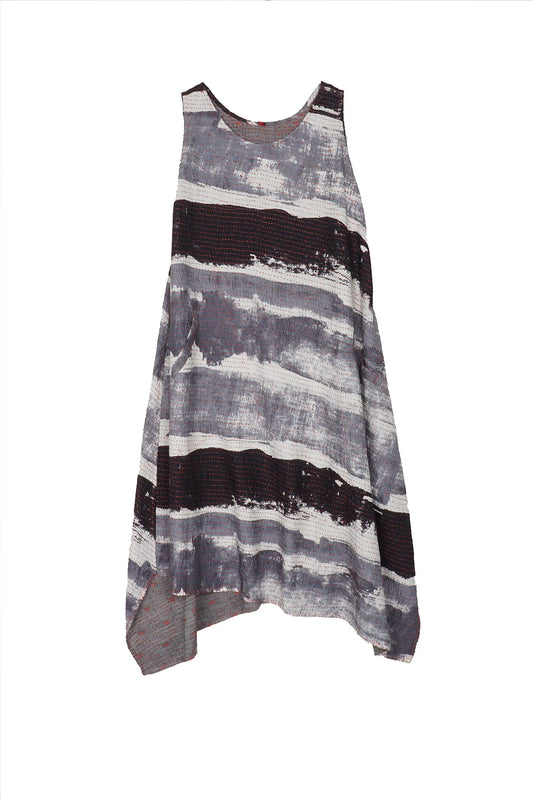 PLANK PRINT KANTHA POINTY HEM DRESS - lb2415-gry -