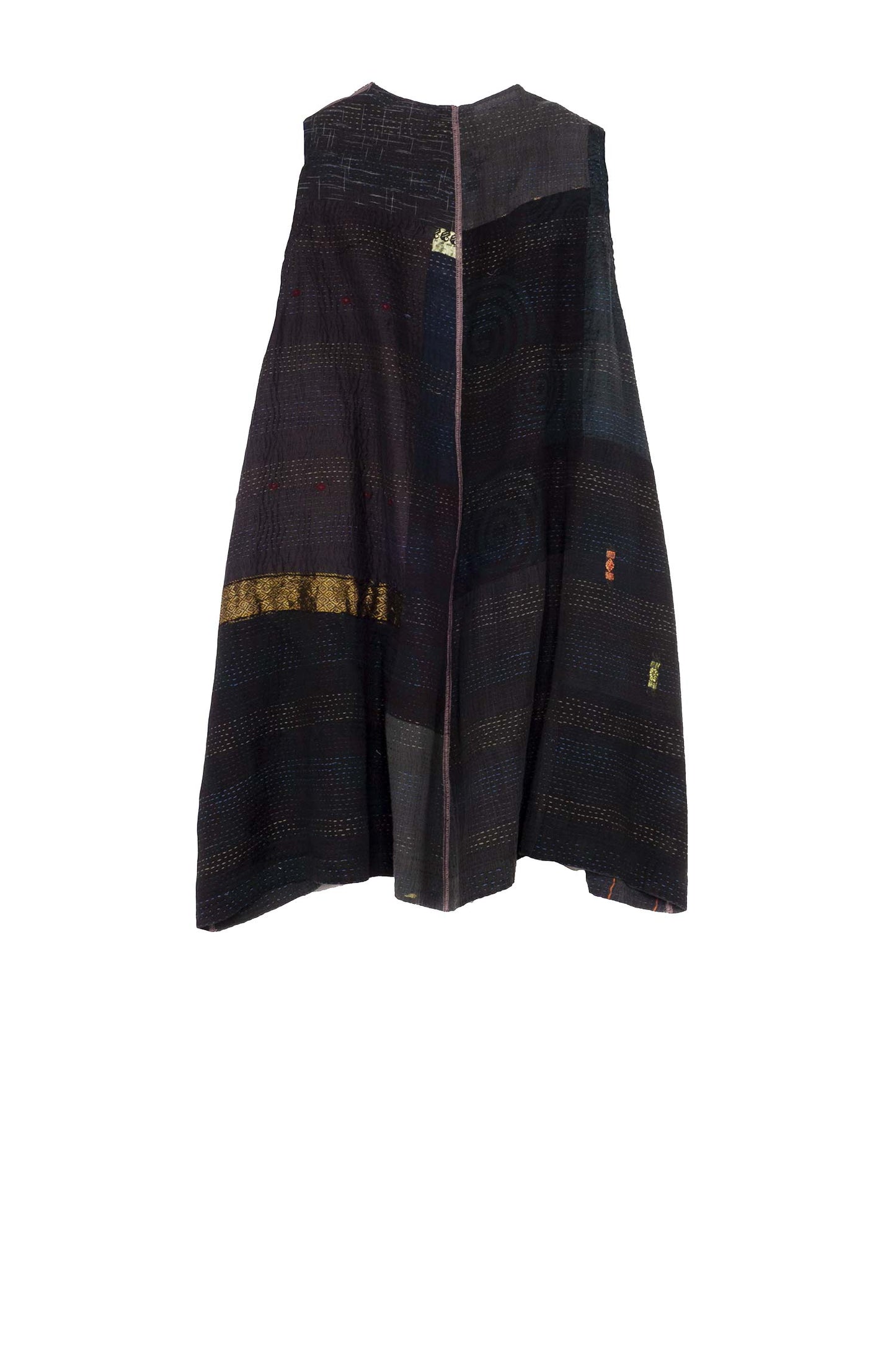 COTTON SILK SW PATCH KANTHA BELL SHAPE LONG VEST - ws2225-blk -