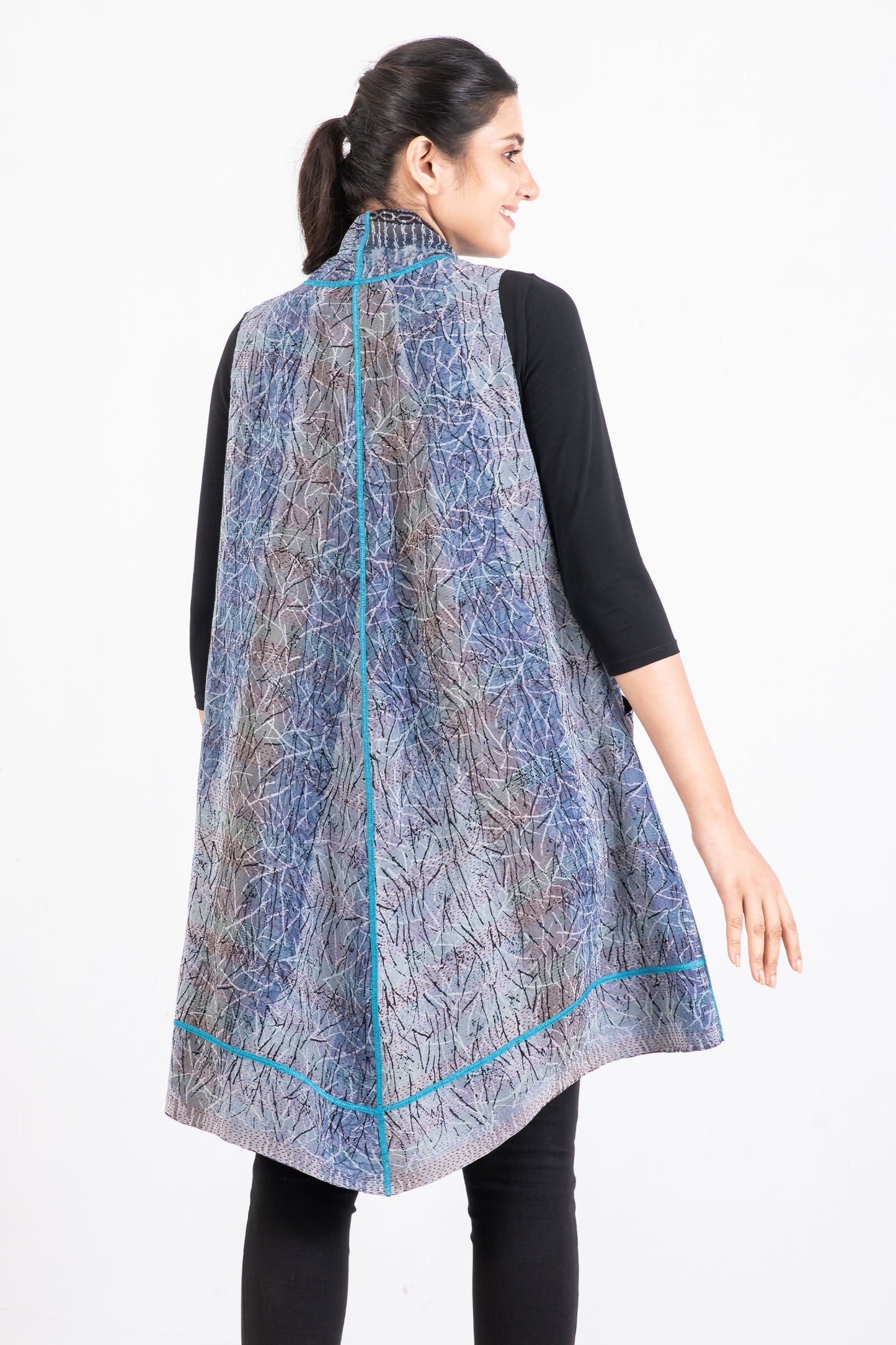 VINTAGE SILK GEORGETTE KANTHA A-LINE VEST - sg2203-0003a -