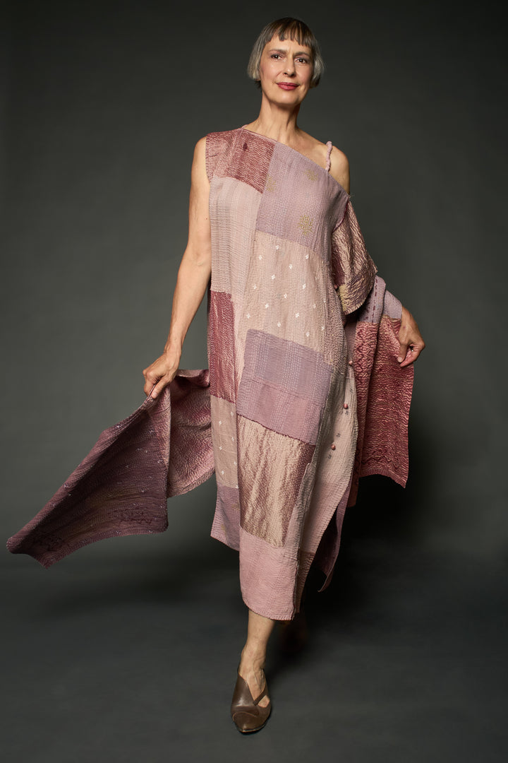 HALF SILK PATCH KANTHA ASYMMETRIC TUBE DRESS - hs2472-mov -