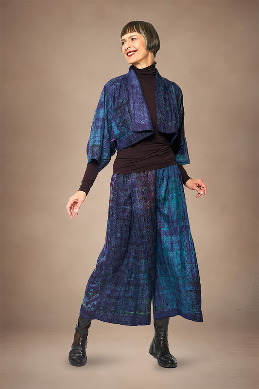 TIE DYE VINTAGE SILK KANTHA PUFF SLV. SHRUG - st-sv2062-nvy -