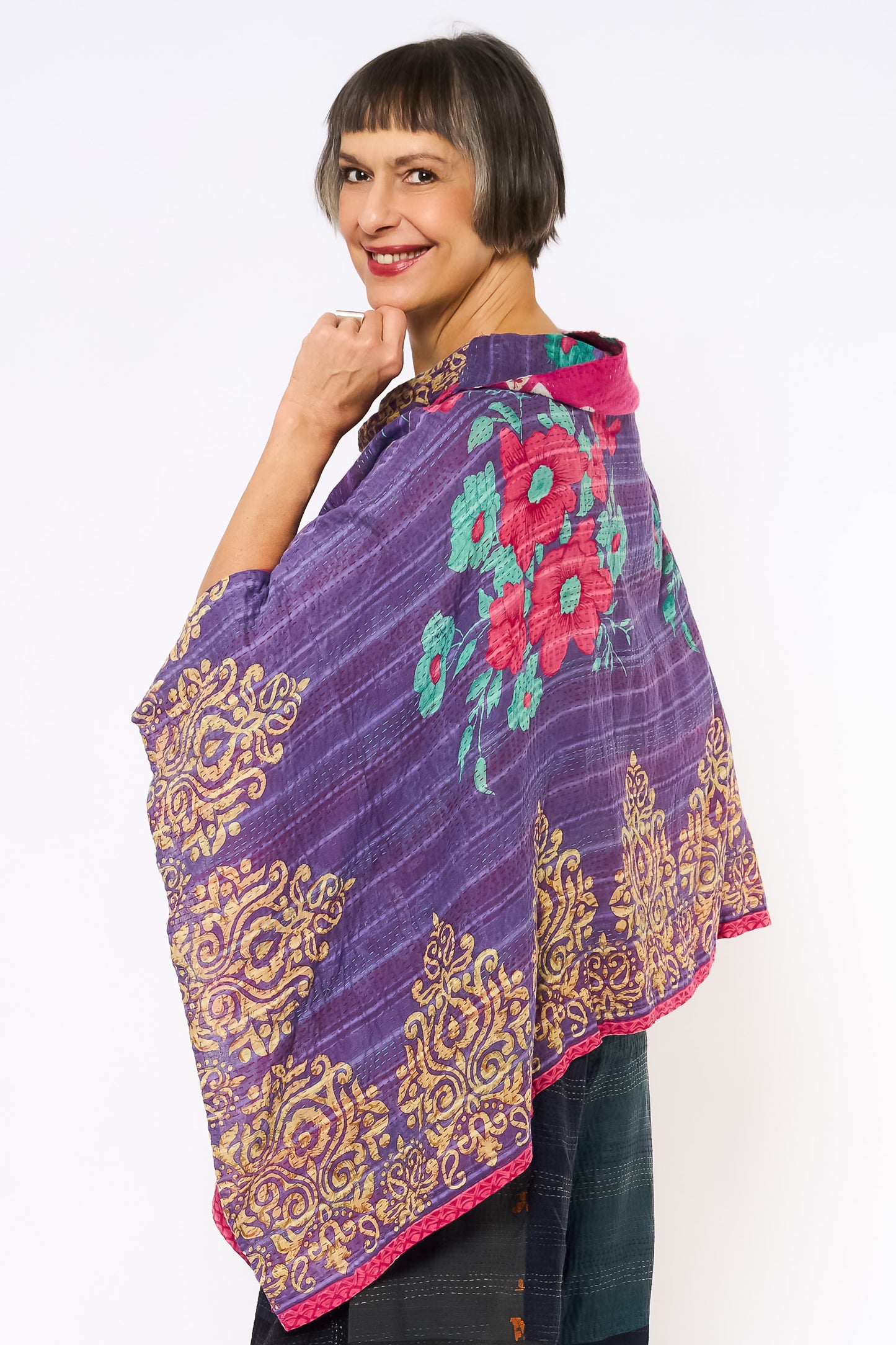 VINTAGE COTTON KANTHA COWL NECK LONG CAPE - cv2842-0004a -
