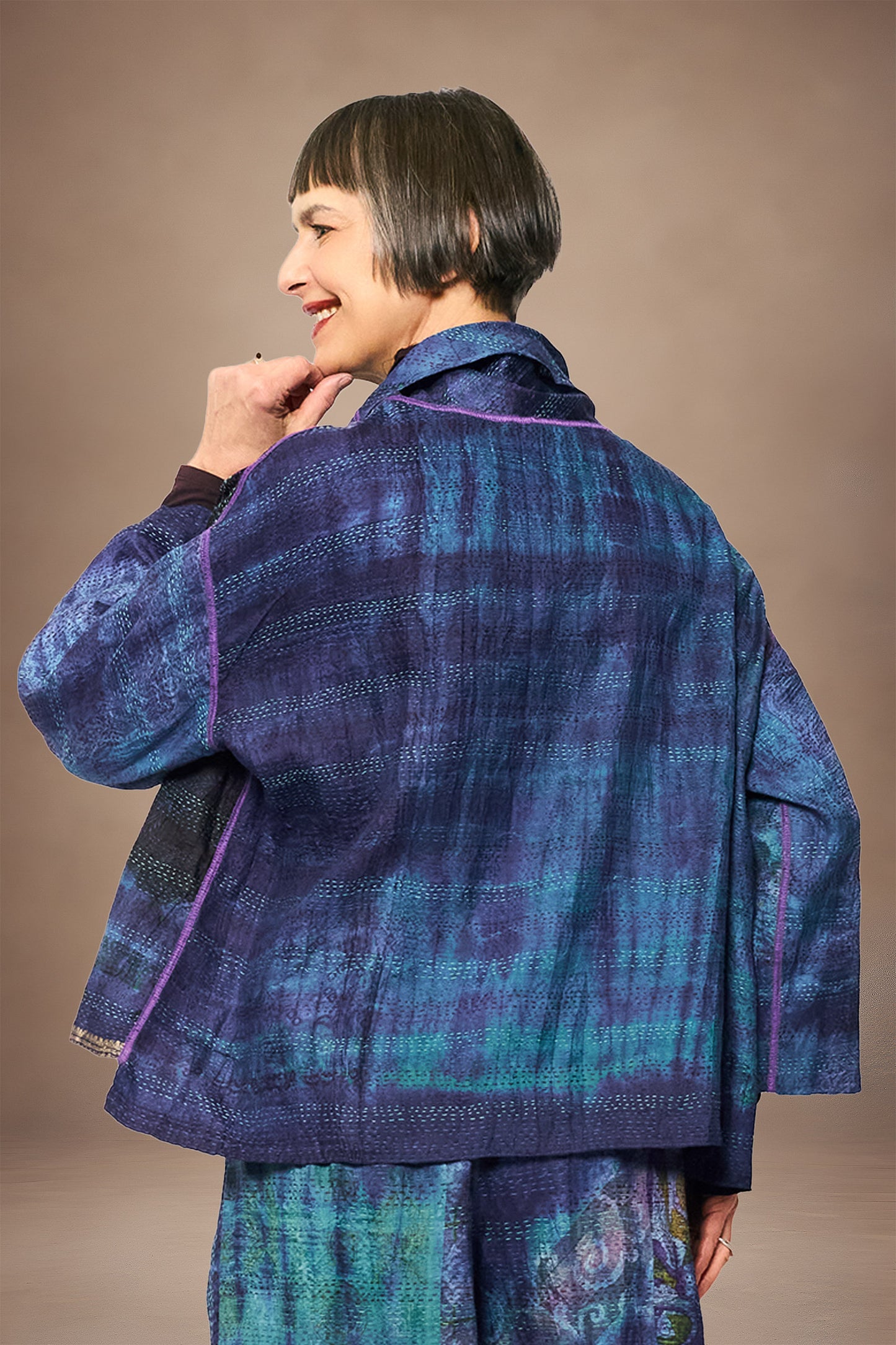 TIE DYE VINTAGE SILK KANTHA COWL PULLOVER - st-sv2547-nvy -