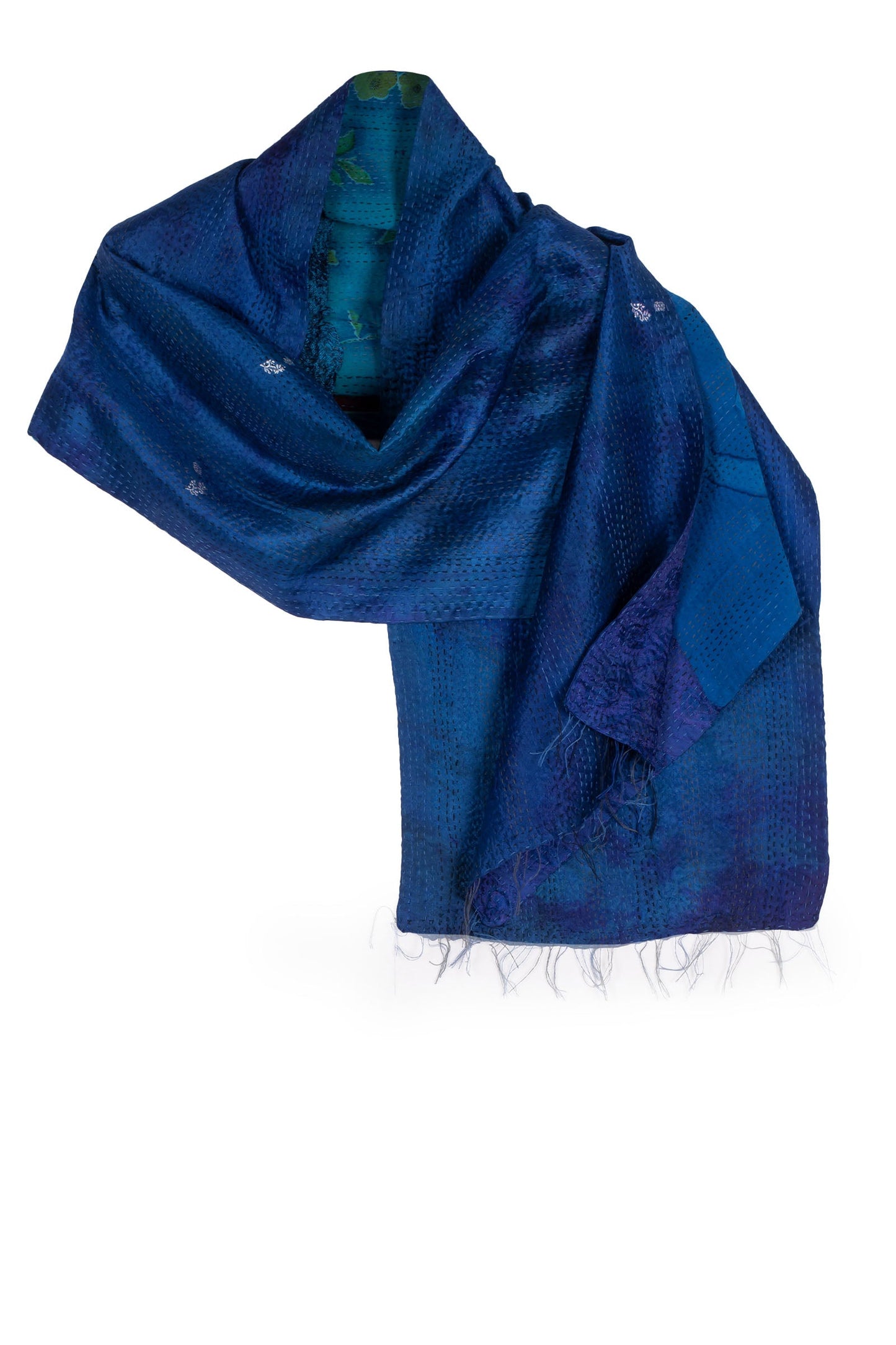 GEORGETTE JACQUARD VINTAGE SILK PATCH KANTHA SCARF SHORT - gj2805-blu -