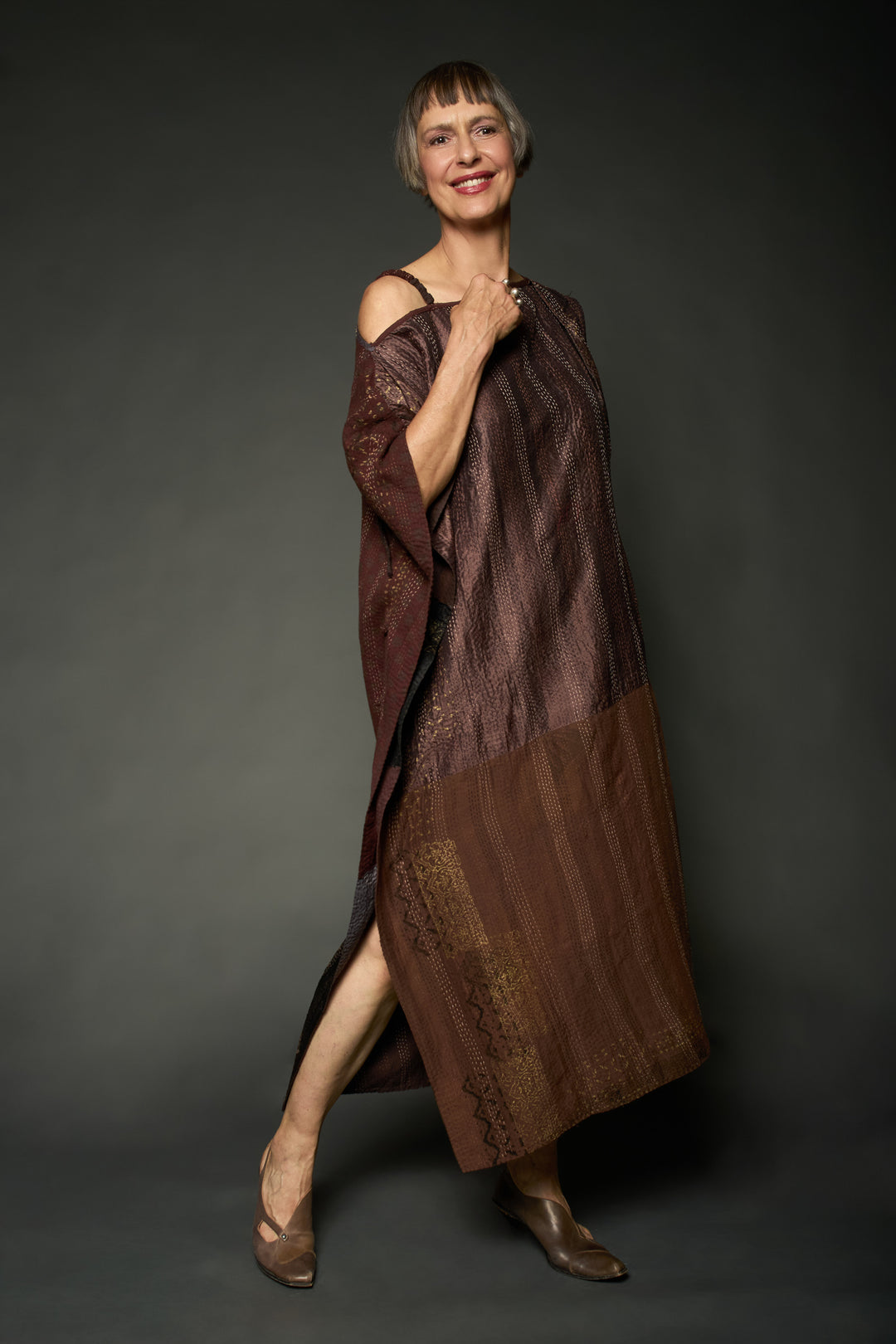 HALF SILK PATCH KANTHA ASYMMETRIC TUBE DRESS - hs2472-brn -