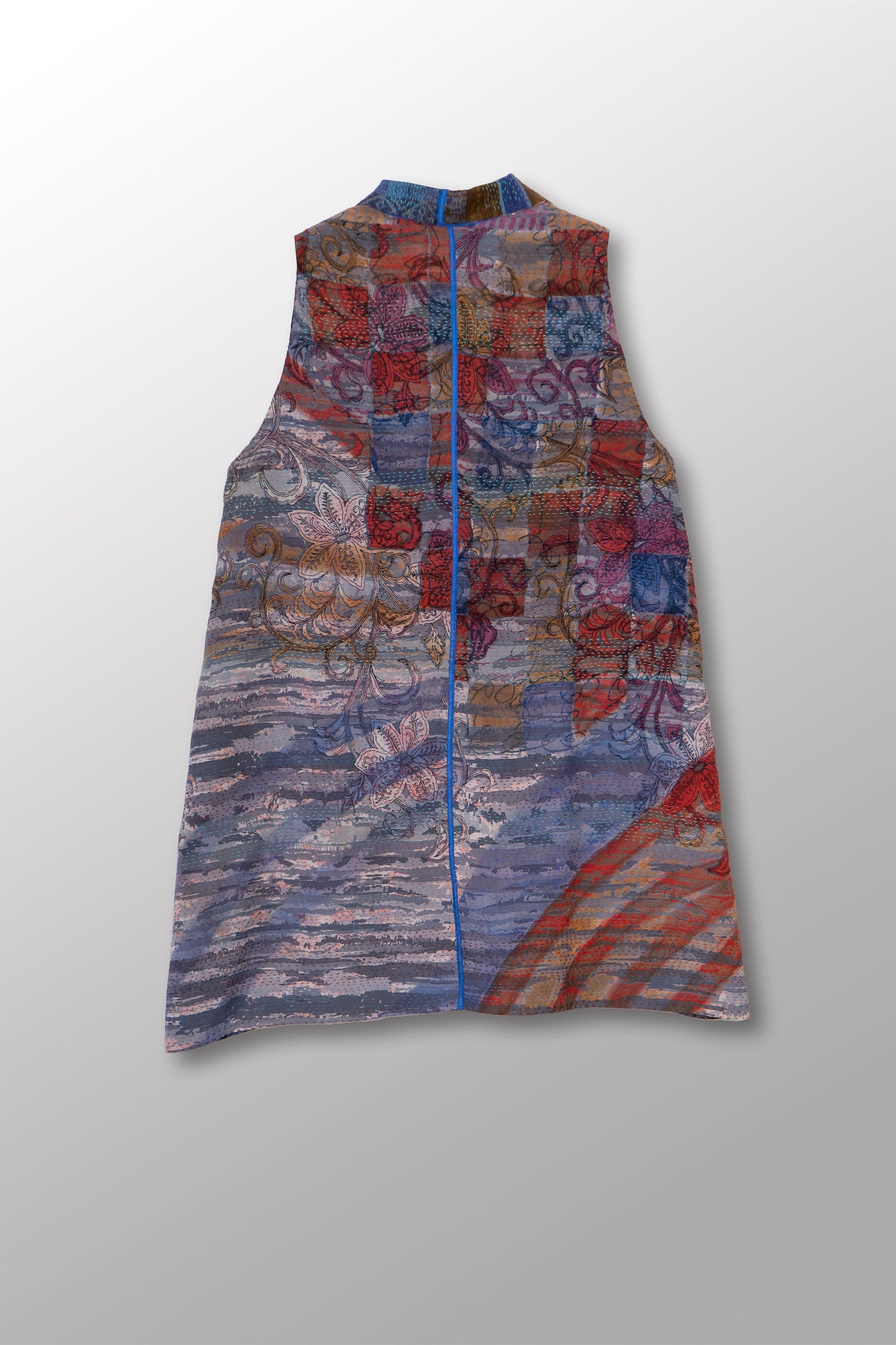 VINTAGE SILK GEORGETTE COTTON KANTHA KIMONO VEST - gc2247-0001m -