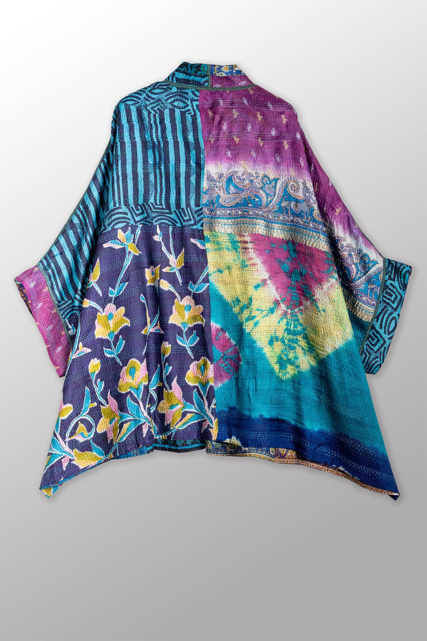 VINTAGE SILK KANTHA DOUBLE COLLAR PONCHO - sv2323-0020a -