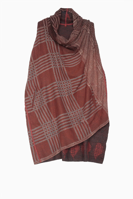 INDONESIAN PRINT & BORDER SHIBORI KANTHA DRAPED NECK TUNIC - ib2540-red -