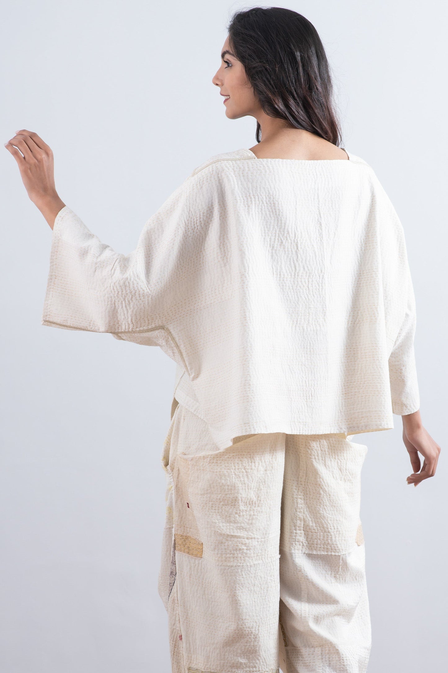 FRAYED PATCH KANTHA 3/4 SLV. CROP TOP MIO - fi2538-ivy -