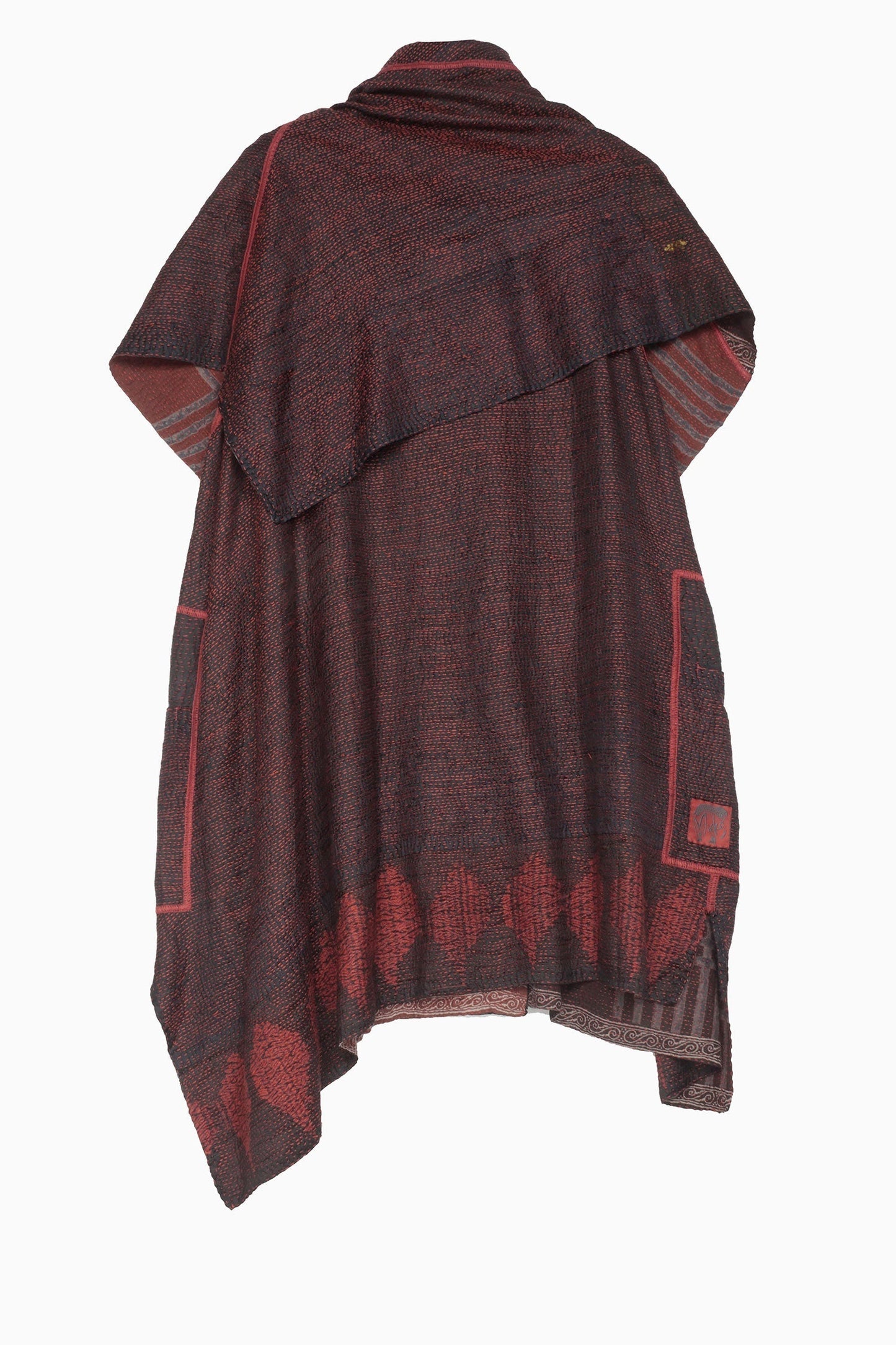 INDONESIAN PRINT & BORDER SHIBORI KANTHA COWL NECK FLARE TOP - ib2529-red -