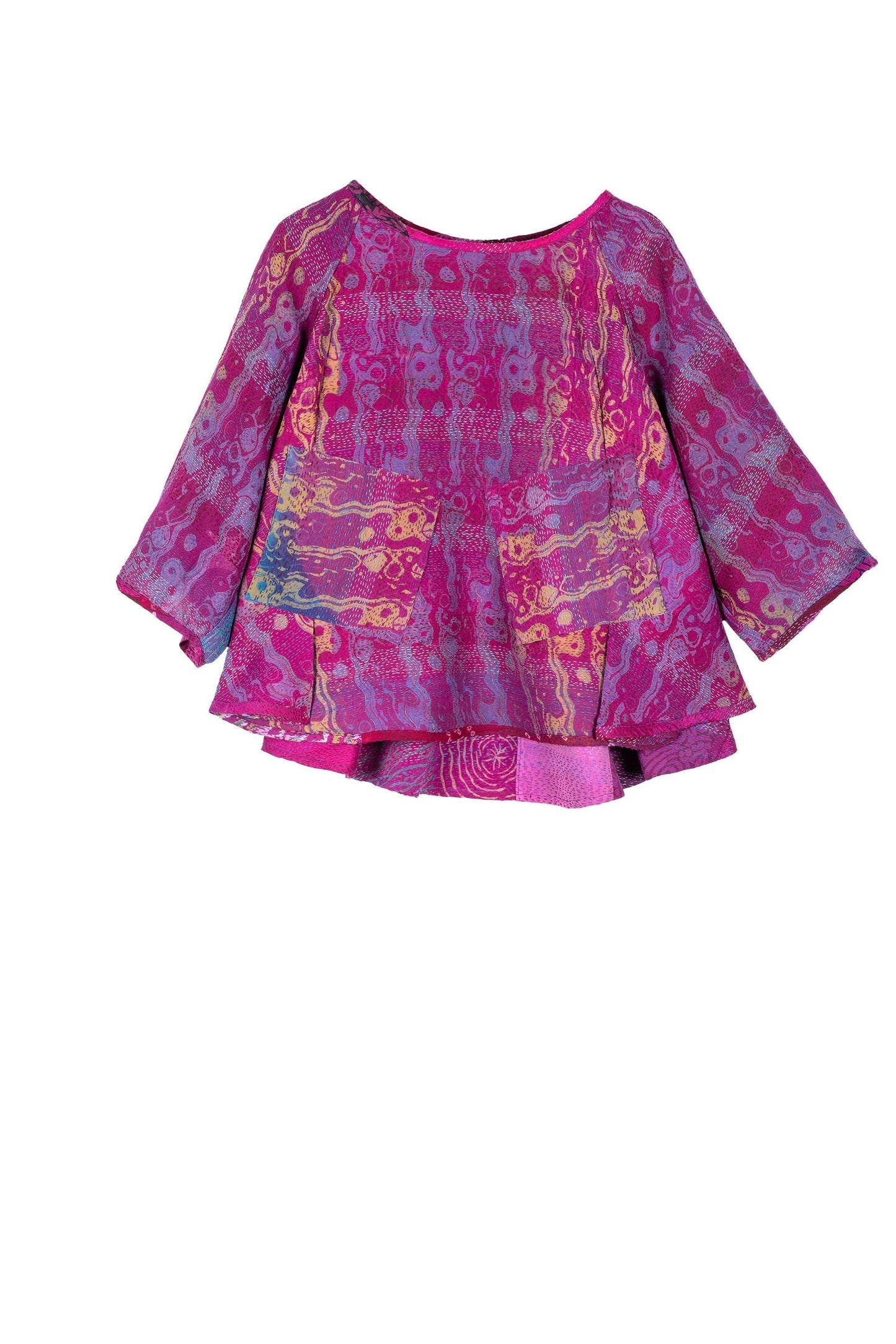 GEORGETTE VINTAGE SILK PATCH KANTHA PUFF SLV. FLARE SHORT TOP - gs2544-pik -