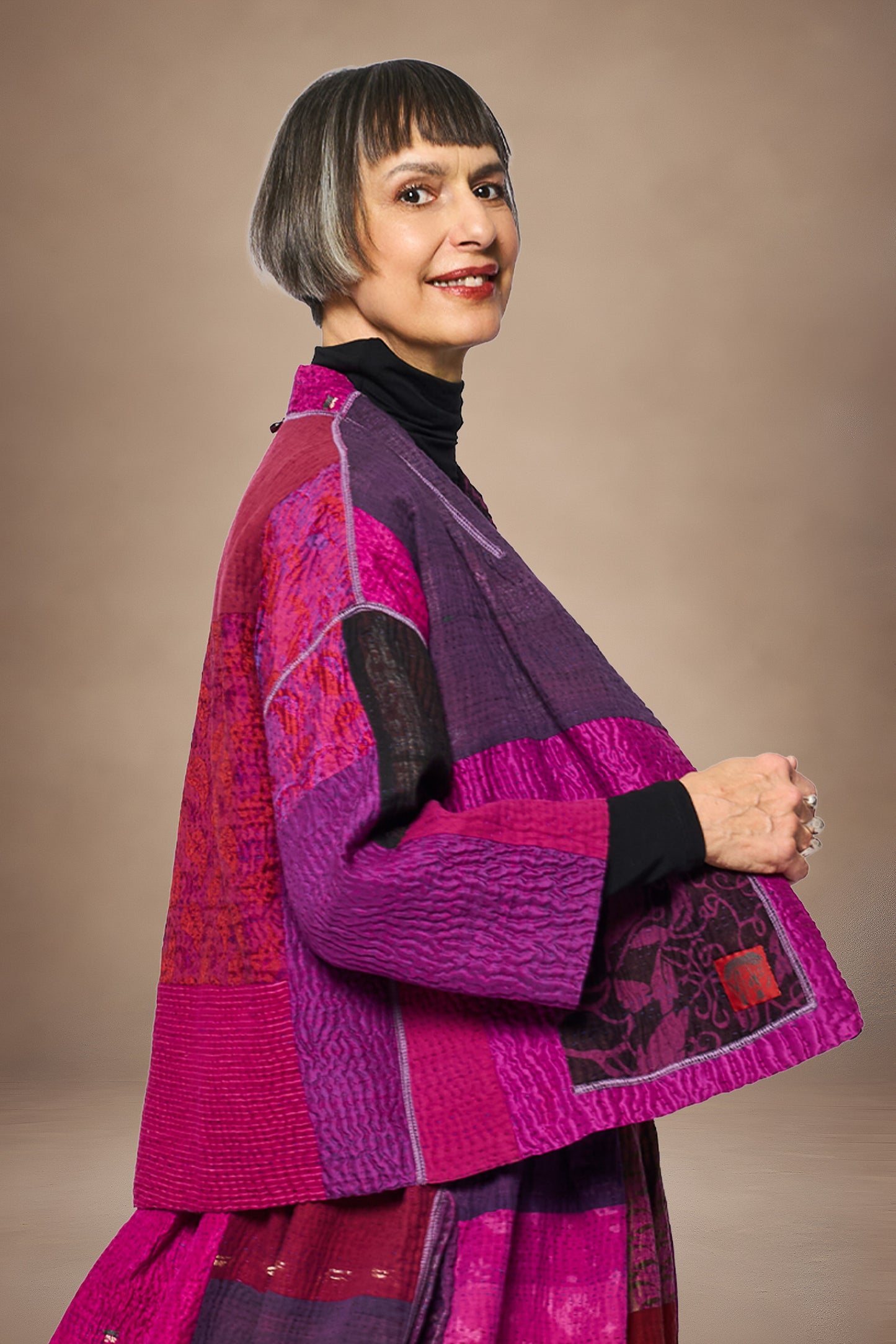 AMETHYST COTTON SILK KANTHA STAND COLLAR CROPPED JACKET - oc4034-prp -