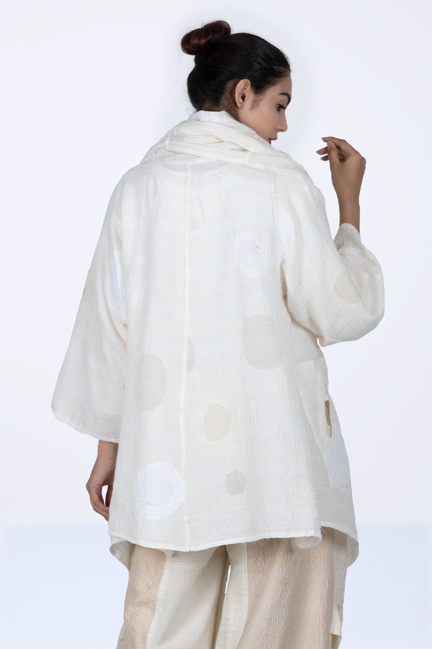 CUT THROUGH DOT AND HOLES KANTHA HOODED A-LINE JKT - cd2050-ivy -