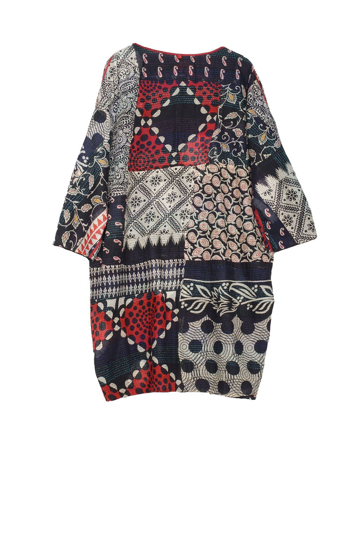 PATCH &amp; CIRCLE PRINT KANTHA DOLMAN SLV. DRESS - pc2410-blk -