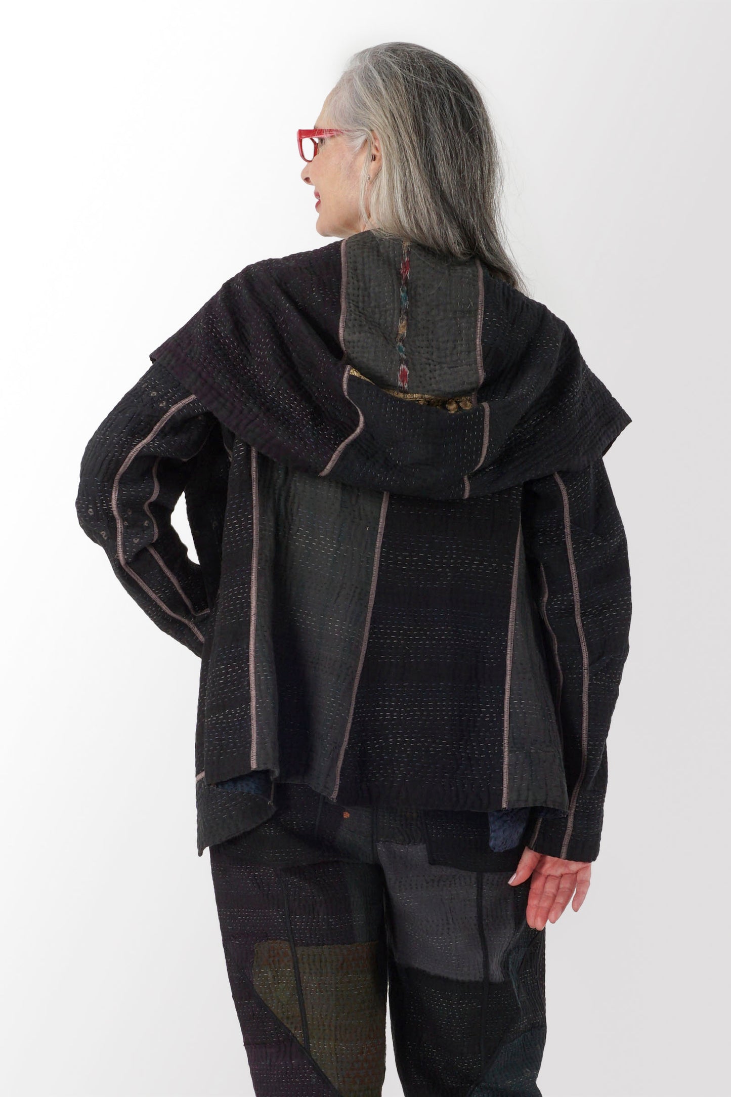 COTTON SILK SW PATCH KANTHA HOODIE JKT - ws4036-blk -