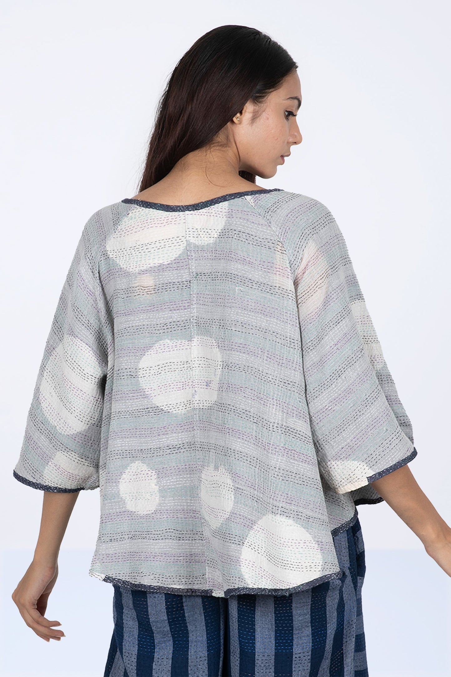 CUT THROUGH DOT AND HOLES KANTHA PUFF SLV. FLARE SHORT TOP - cd2544-blu -