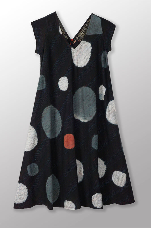 PATCH & CIRCLE PRINT KANTHA CAP SLV. FLARE DRESS - pc2425-blk -