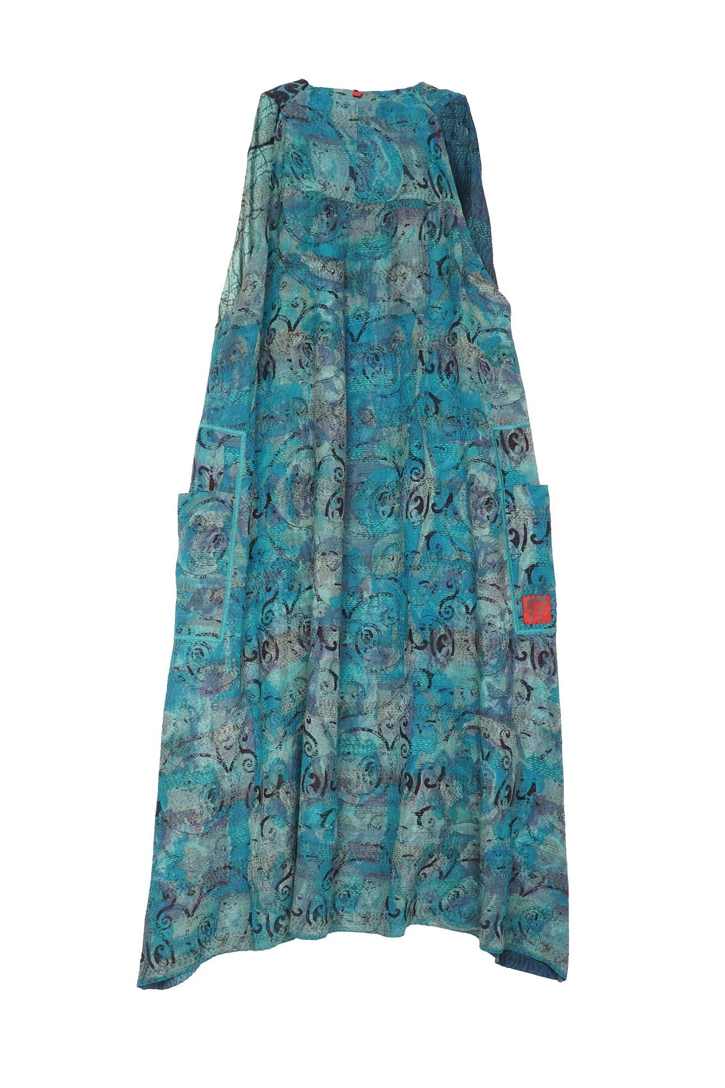GEORGETTE VINTAGE SILK PATCH KANTHA BACK PLEATED VEST MAXI - gs2222-tel -