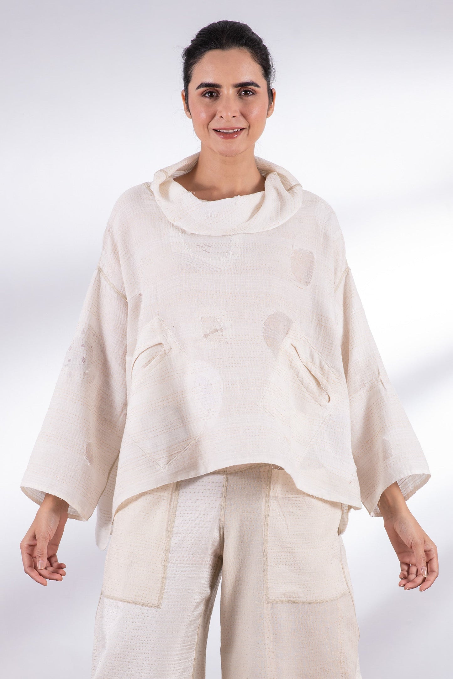 CUT THROUGH DOT AND HOLES KANTHA COWL PULLOVER - cd2547-ivy -