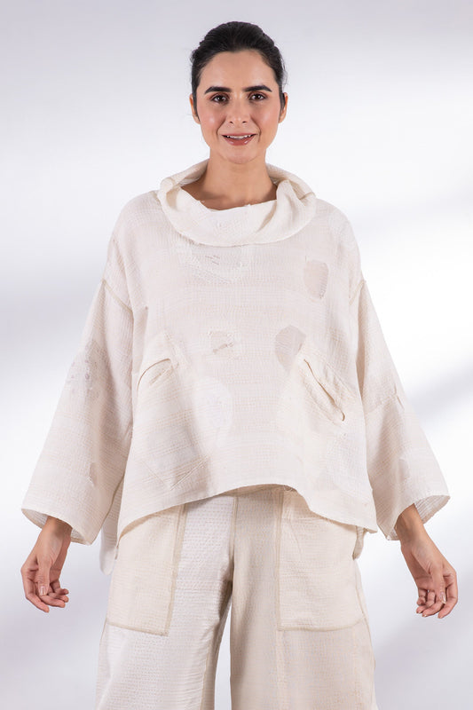 CUT THROUGH DOT AND HOLES KANTHA COWL PULLOVER - cd2547-ivy -