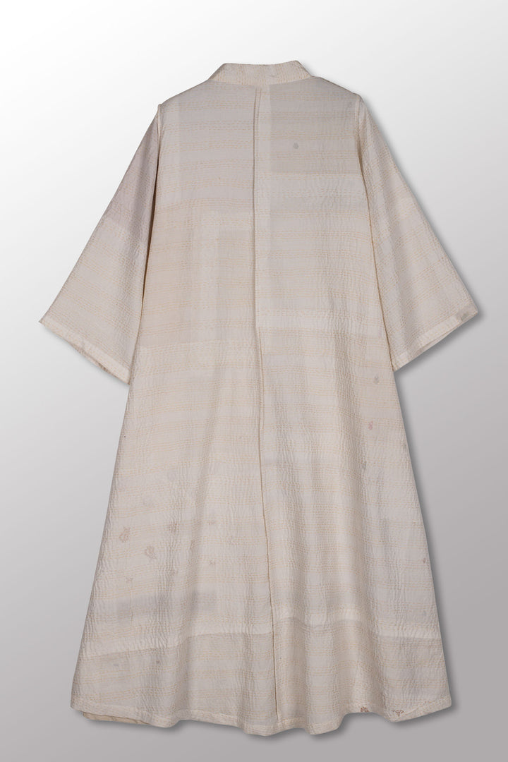 FRAYED PATCH KANTHA V-NECK FLARE SLEEVE DRESS - fi2445-ivy -