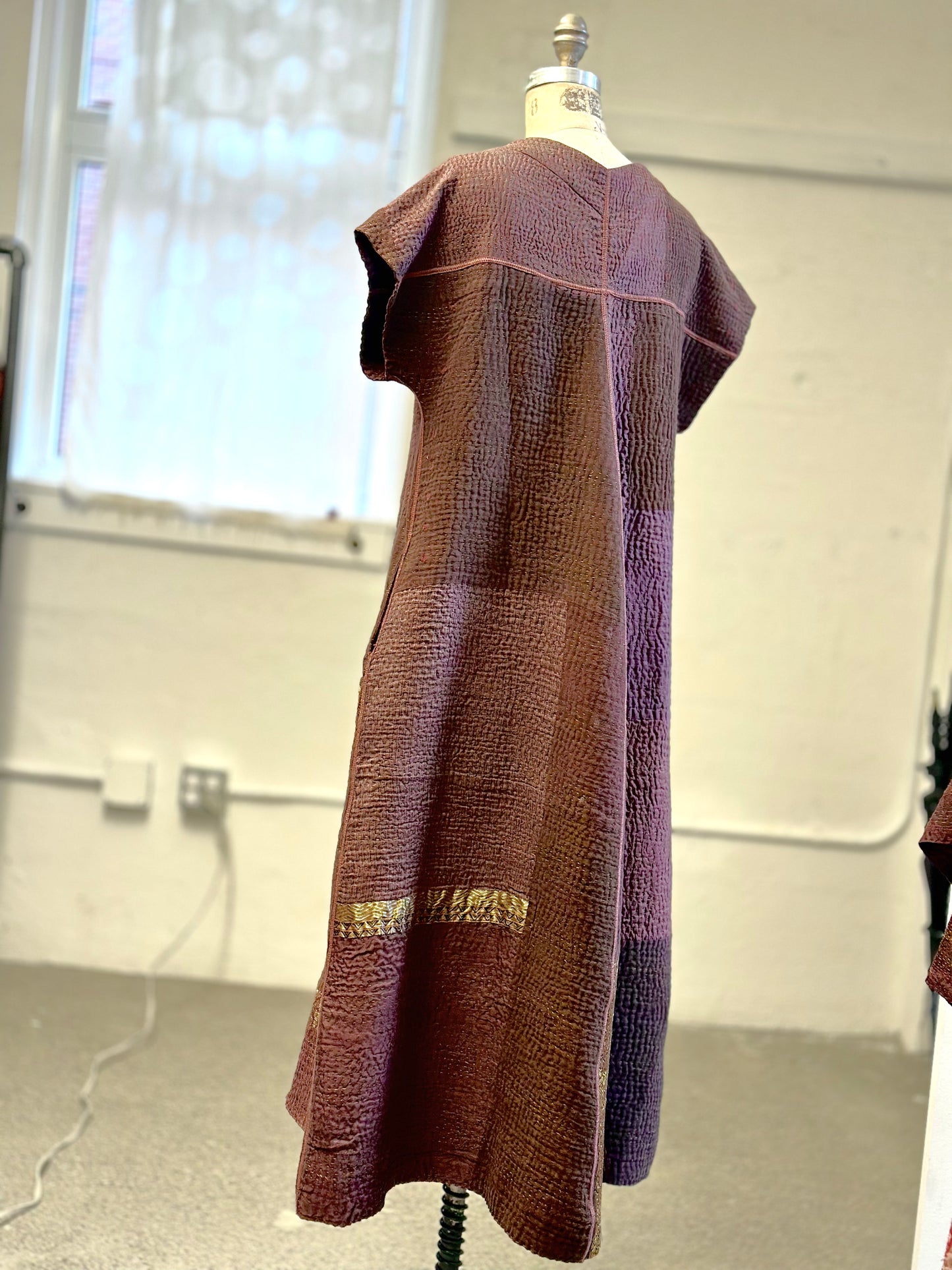 COTTON SILK SW PATCH KANTHA SEMI BIAS V-NECK DRESS (470) - ws4470-brn -