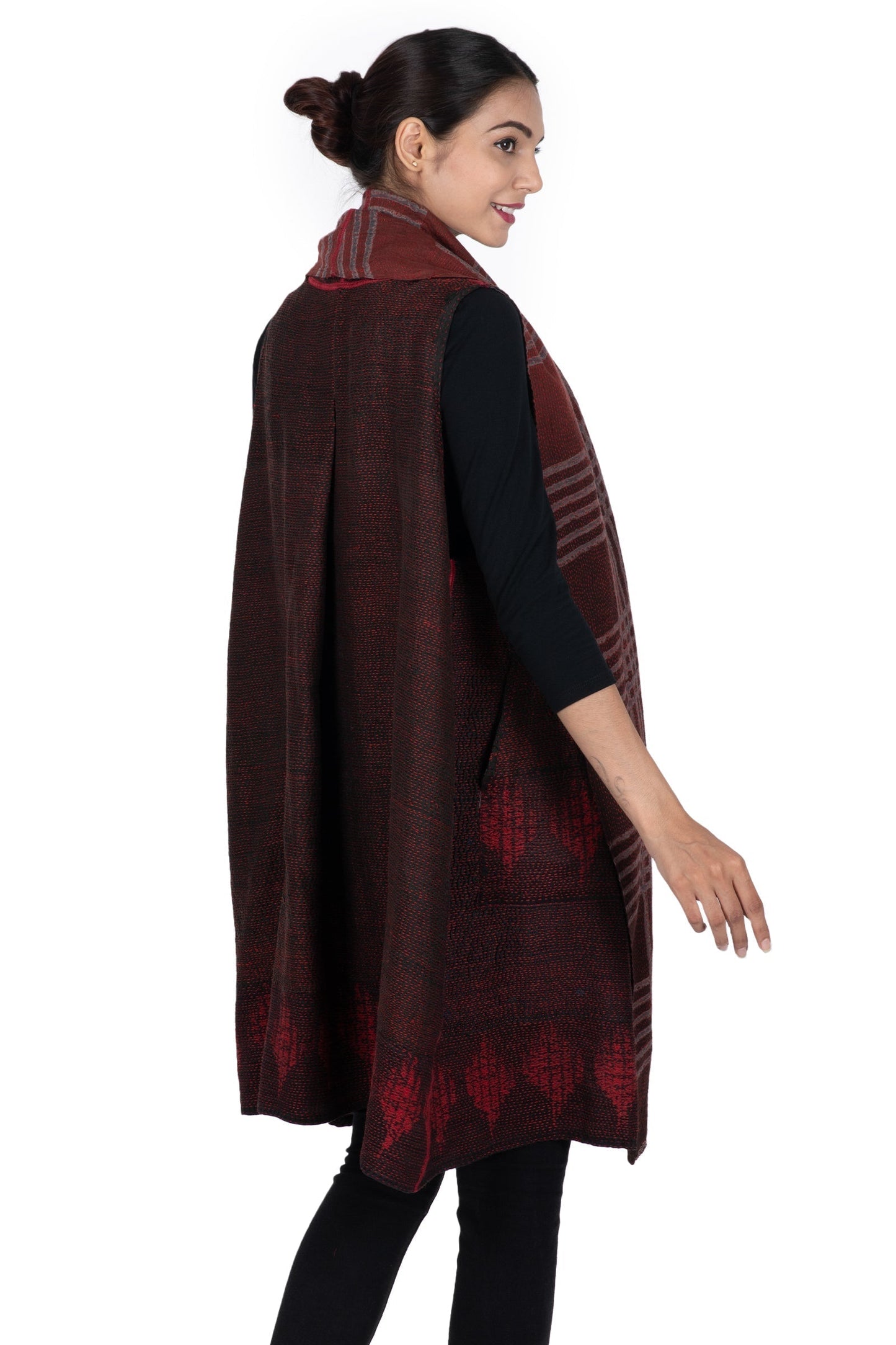 INDONESIAN PRINT & BORDER SHIBORI KANTHA SHAWL COLLAR VEST - ib2235-red -