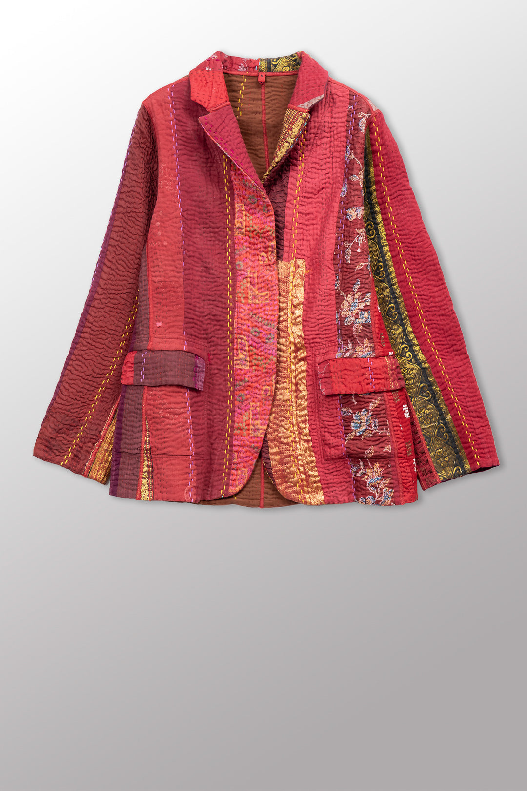JEWEL WOVEN WITH VERTICAL PATCH KANTHA BASIC JACKET - jv4052-red -