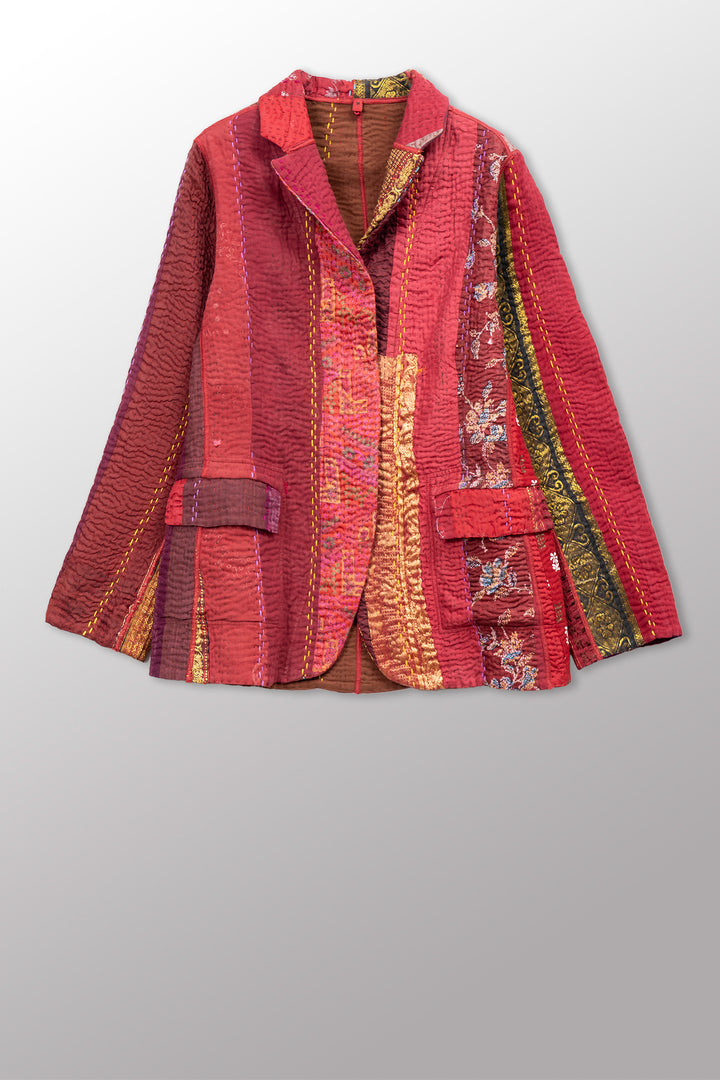 JEWEL WOVEN WITH VERTICAL PATCH KANTHA BASIC JACKET - jv4052-red -