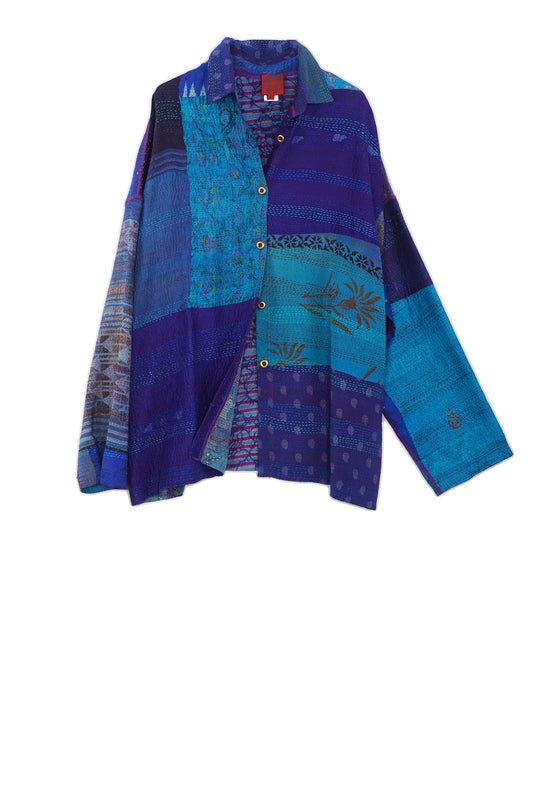 GEORGETTE VINTAGE SILK PATCH KANTHA CAMP SHIRT - gs2525-blu -