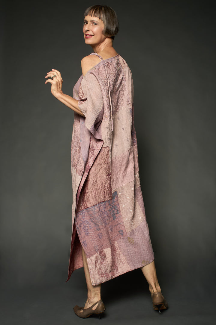 HALF SILK PATCH KANTHA ASYMMETRIC TUBE DRESS - hs2472-mov -