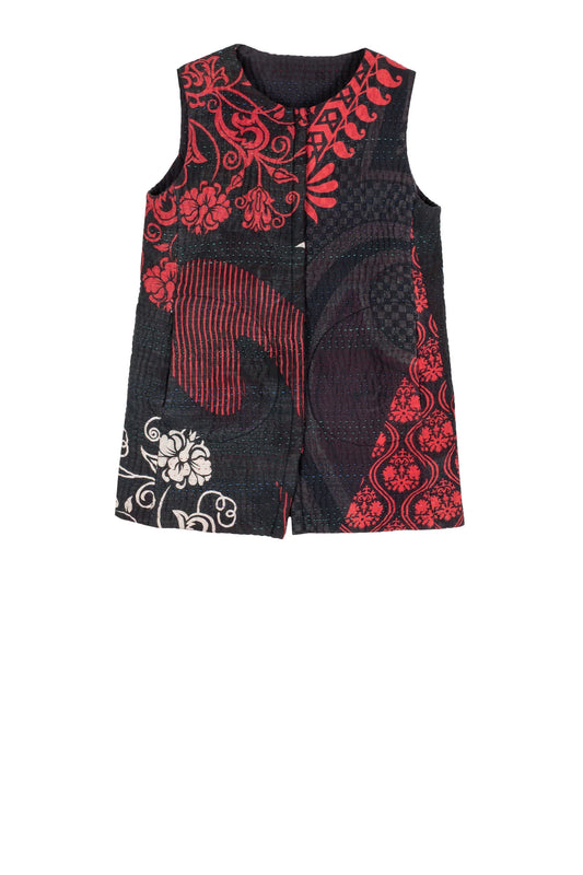 QUILTED VINTAGE COTTON KANTHA CREW NECK FITTED VEST MEDIUM - cq5233-0006m -