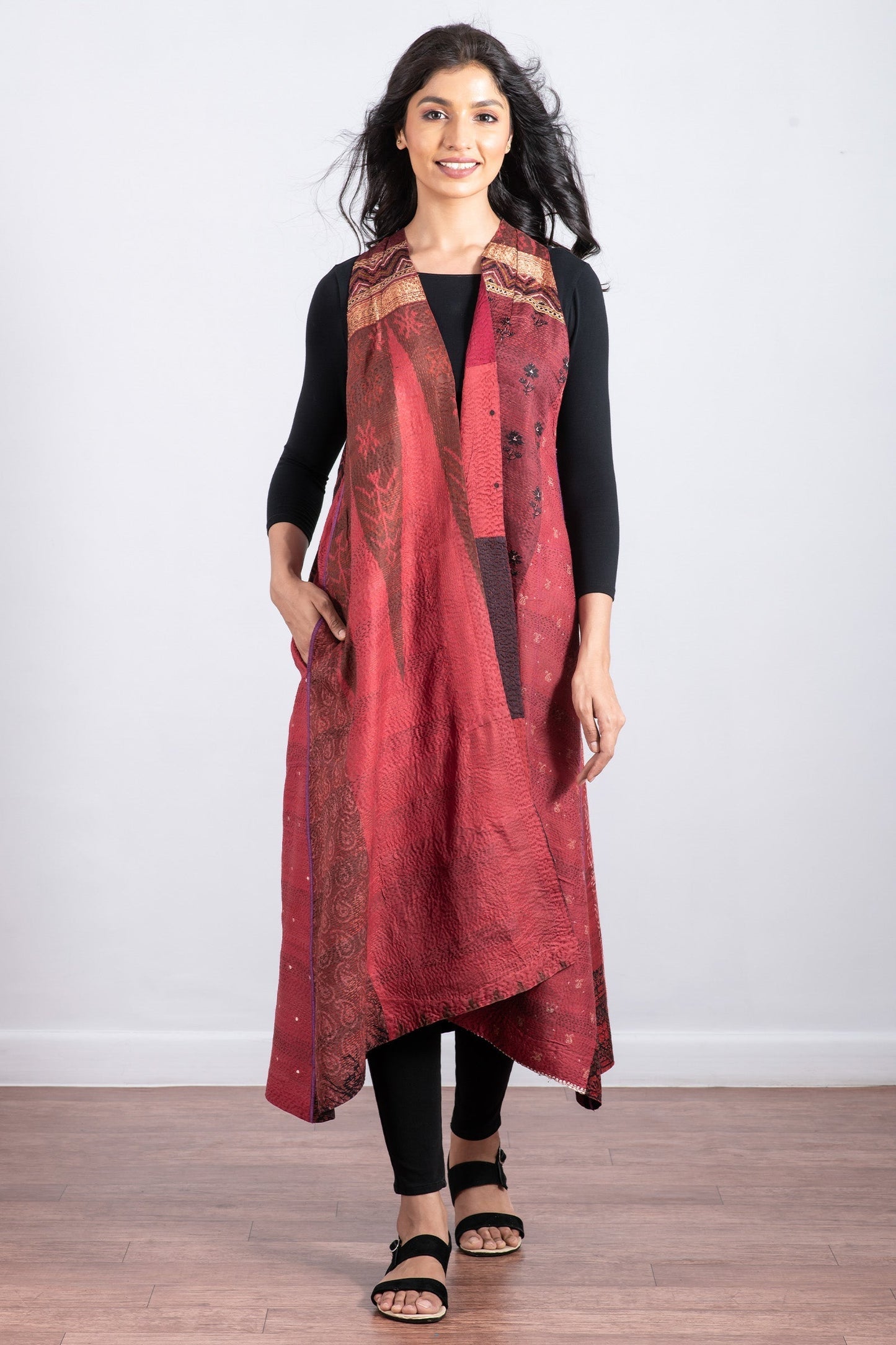 VINTAGE SILK PATCH KANTHA  BACK PLEATED VEST MAXI - vp2222-red -