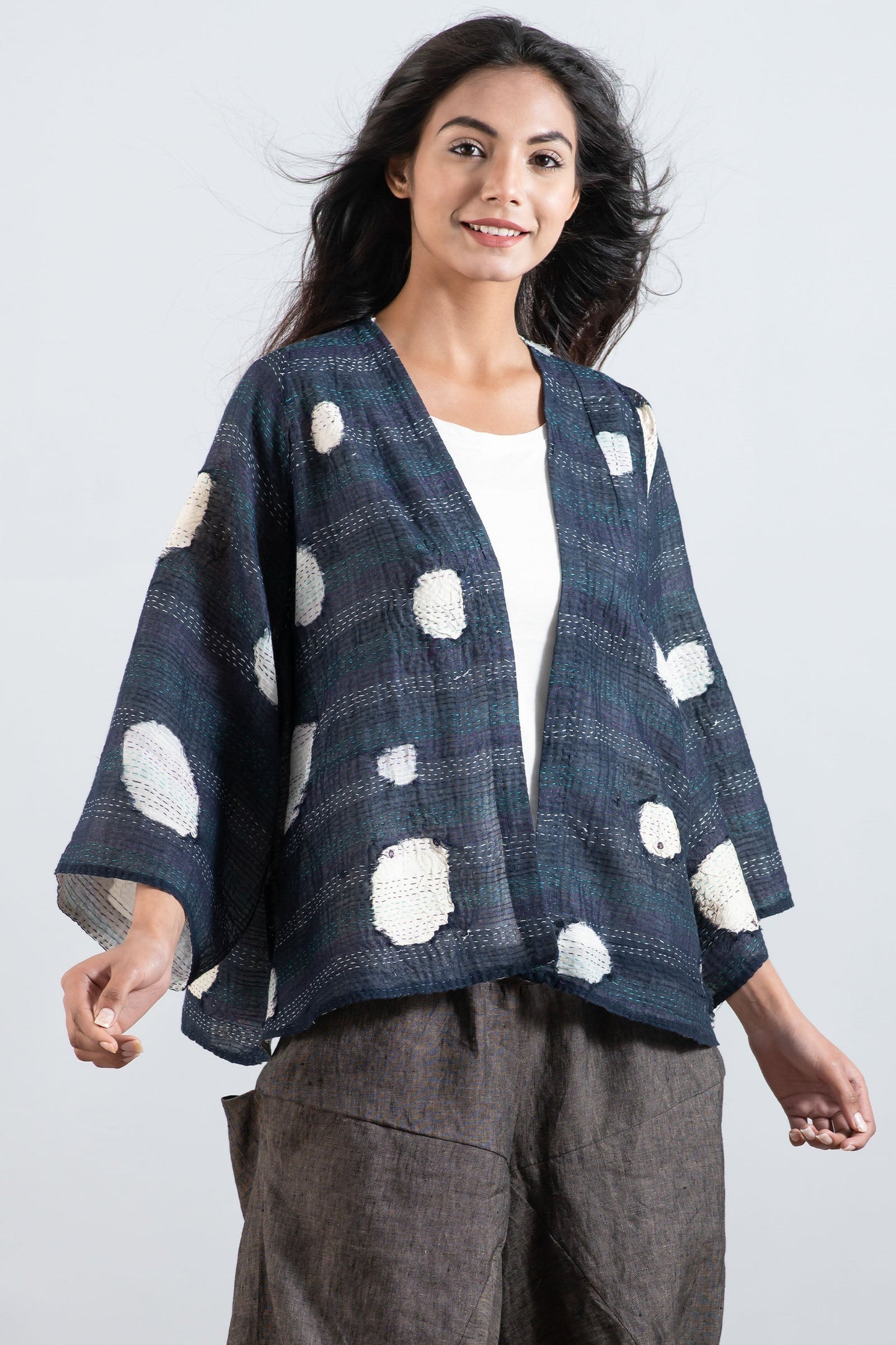 CUT THROUGH DOT AND HOLES KANTHA BELL SHAPE JKT - cd2048-blu -