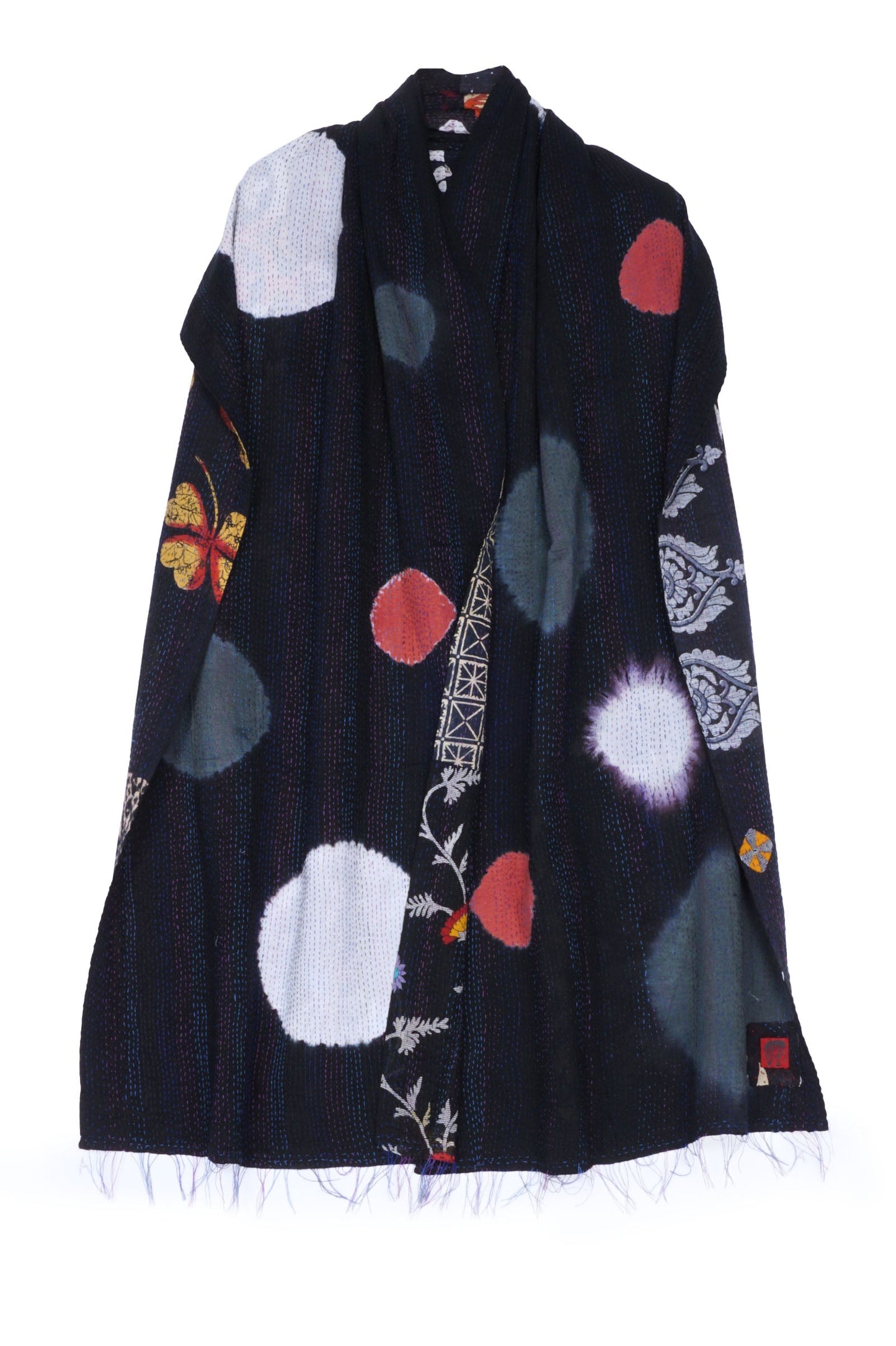 PATCH & CIRCLE PRINT KANTHA SCARF STANDARD - pc2801-blk -