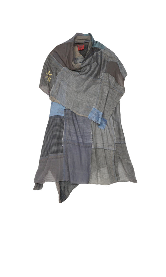 MOSAIC TILE PATCH KANTHA COWL NECK FLARE TOP - mt1529-gry -