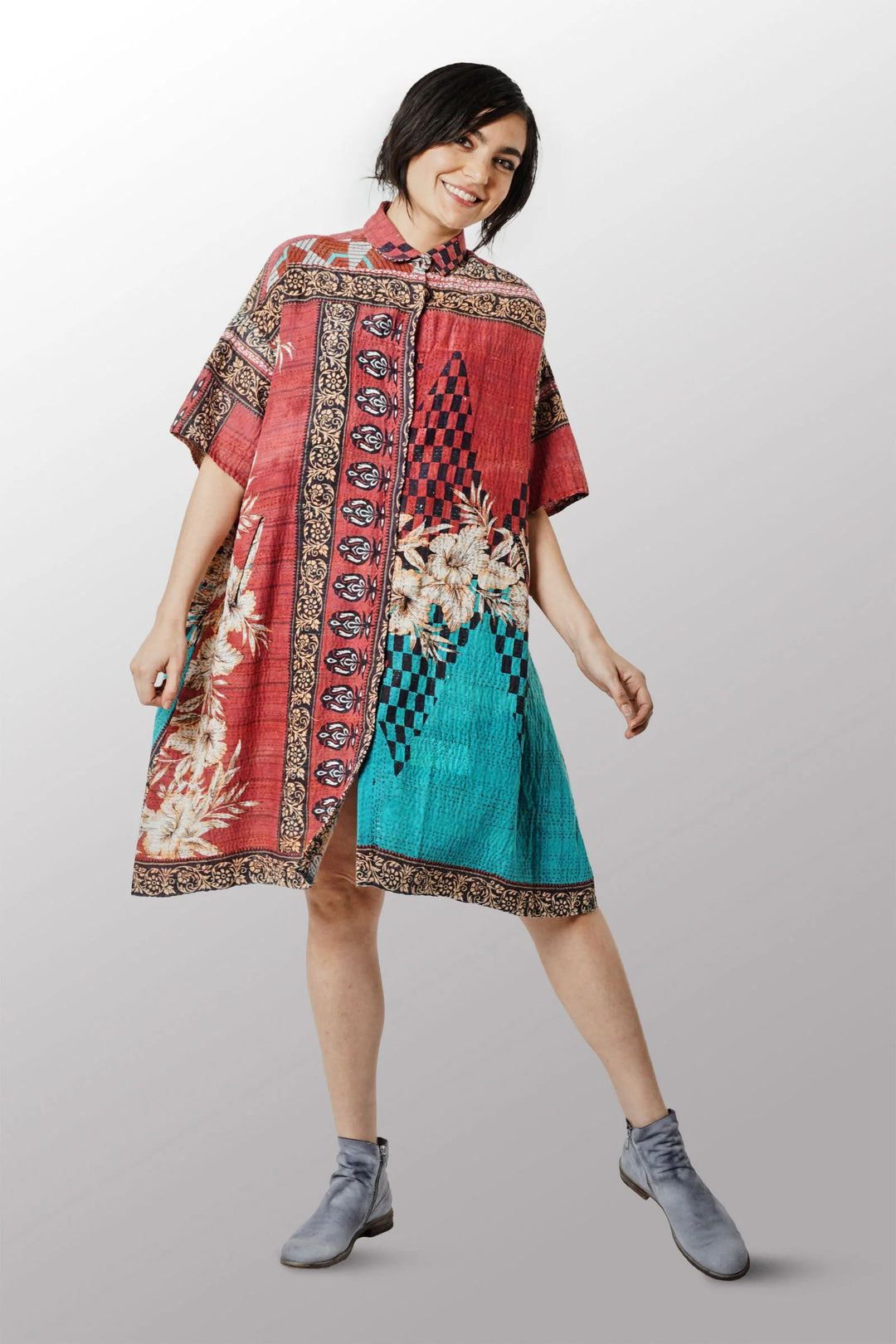ROBE CHEMISE VINTAGE EN COTON KANTHA MANCHES COURTES - cv2429-0010a -