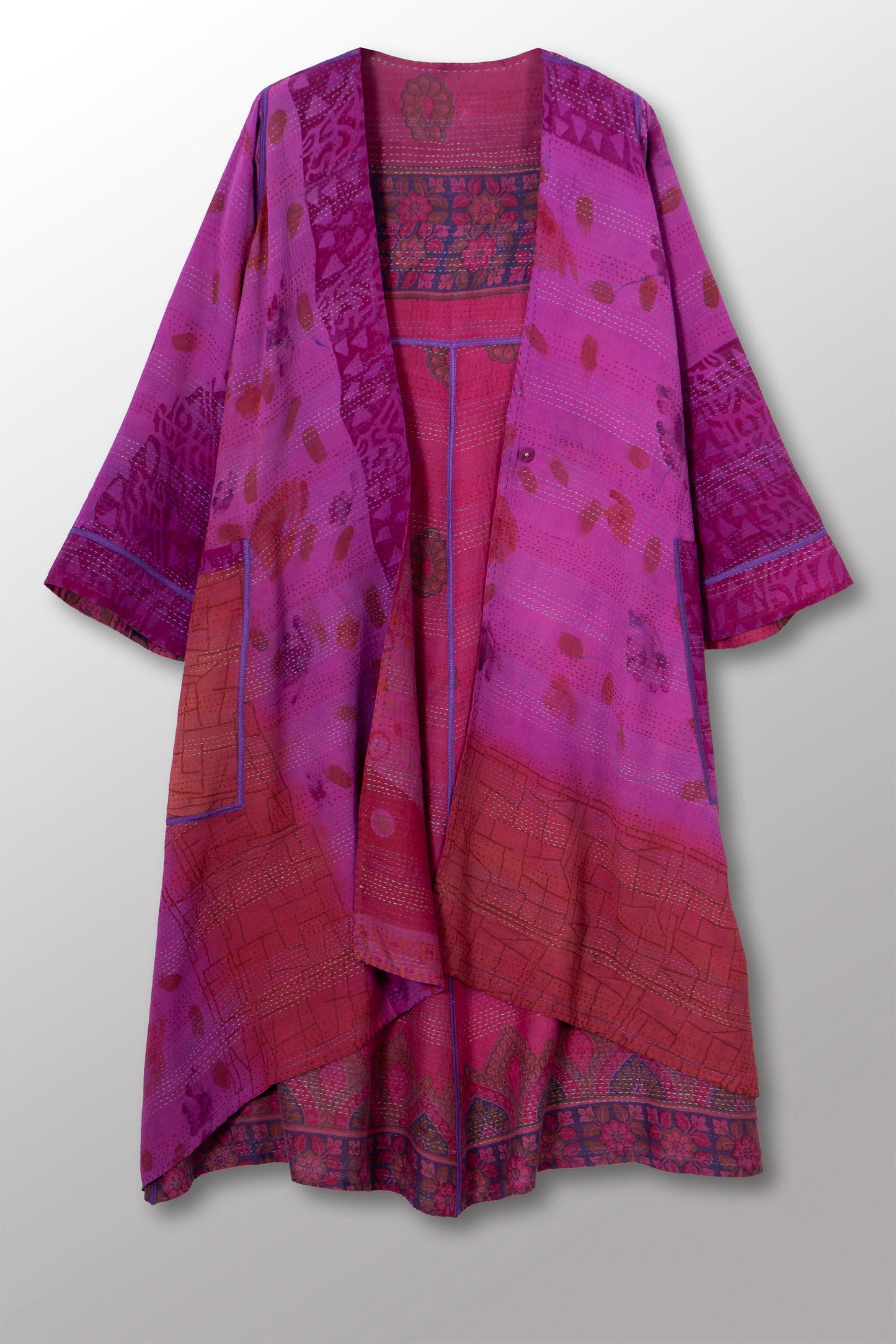 VINTAGE SILK GEORGETTE COTTON KANTHA WRAP FLARE COAT - gc2330-0002a -