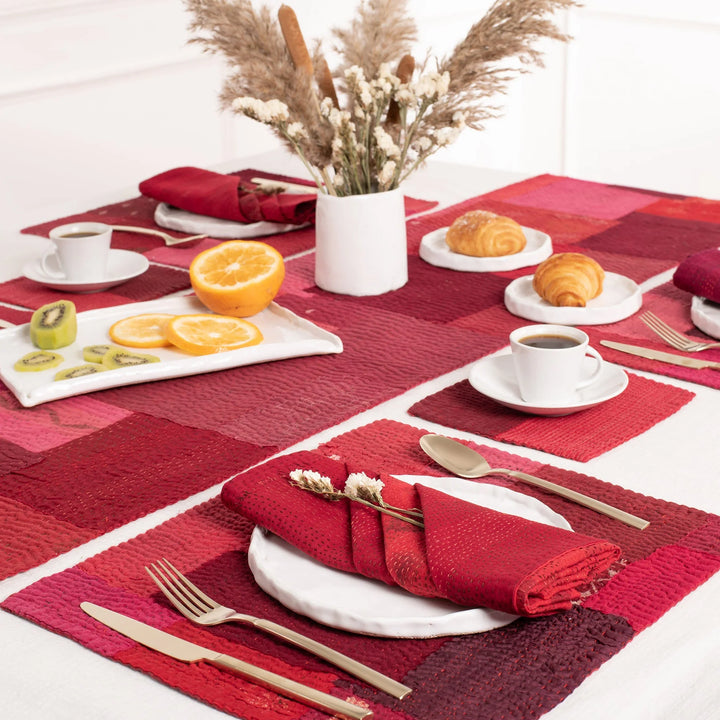 Landscape Fray Patch  Kantha Placemat - Red (Set of 2)