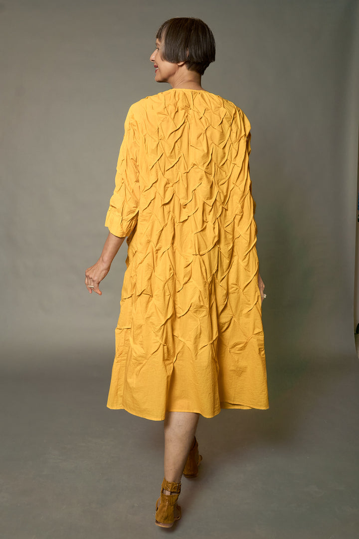 POLISHED COTTON WAVY TUCK A-LINE DRESS - wl1453-ylw -