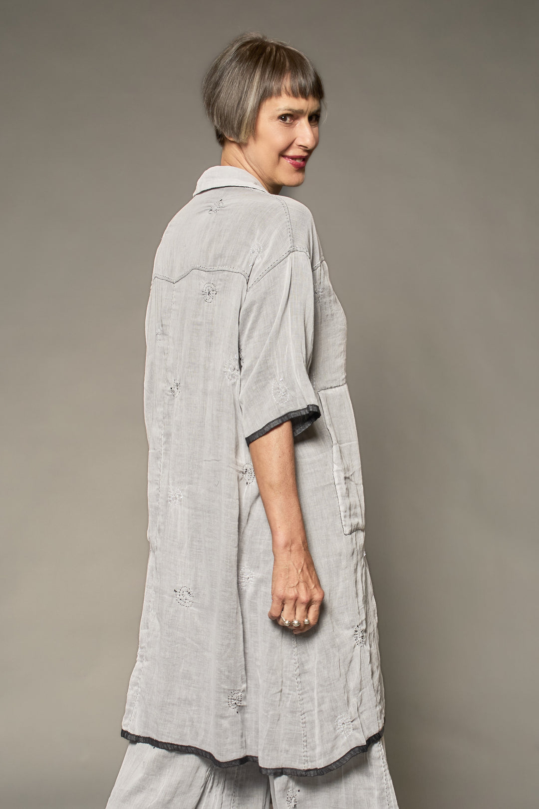 GAUZE SHIBORIGARMENT KANTHA 3/4 SLV. SHIRT DRESS - gg2464-blk -