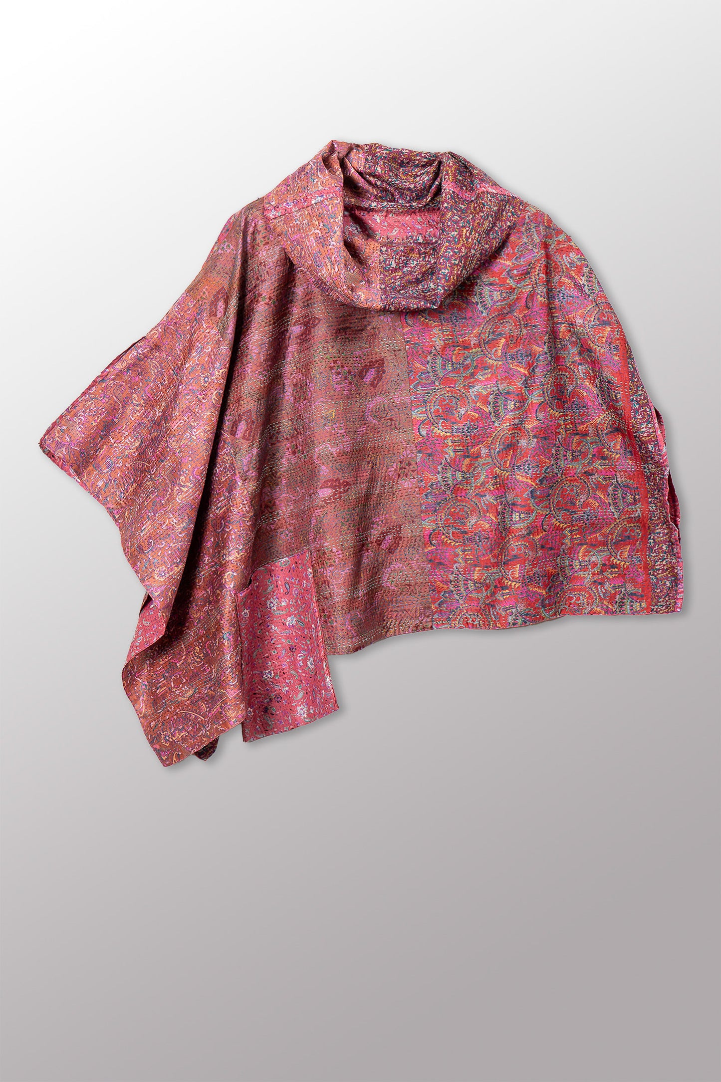 VINTAGE SILK KANTHA COWL NECK LONG CAPE - sv2842-0021a -