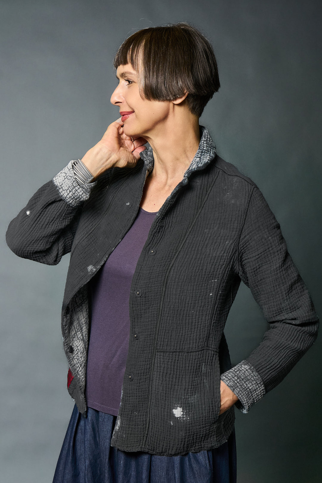 MUD DYE RIPPLE KANTHA SHAPED JACKET - yp4j109-gry -