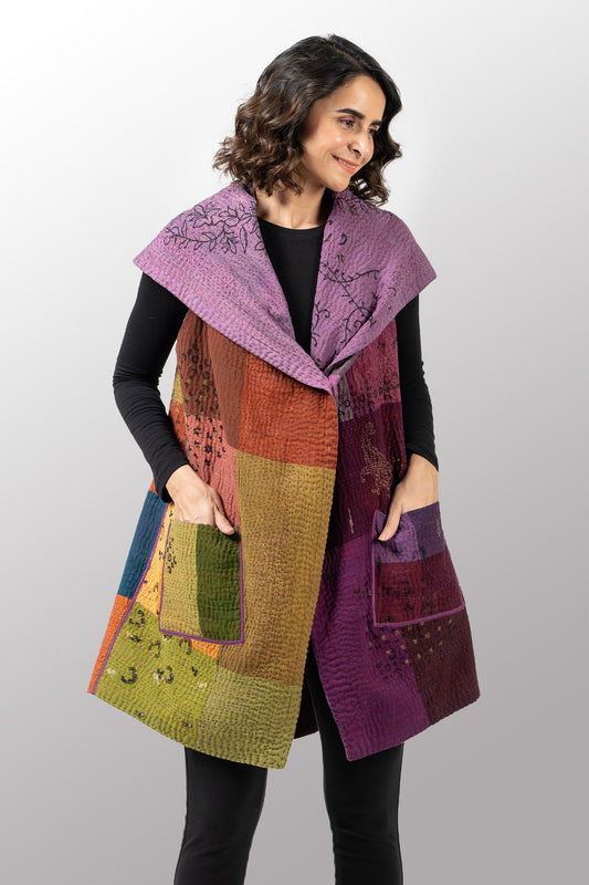 OMBRE PATCHED GOLD STAMP KANTHA CIRCULAR VEST - og4201-mlt -