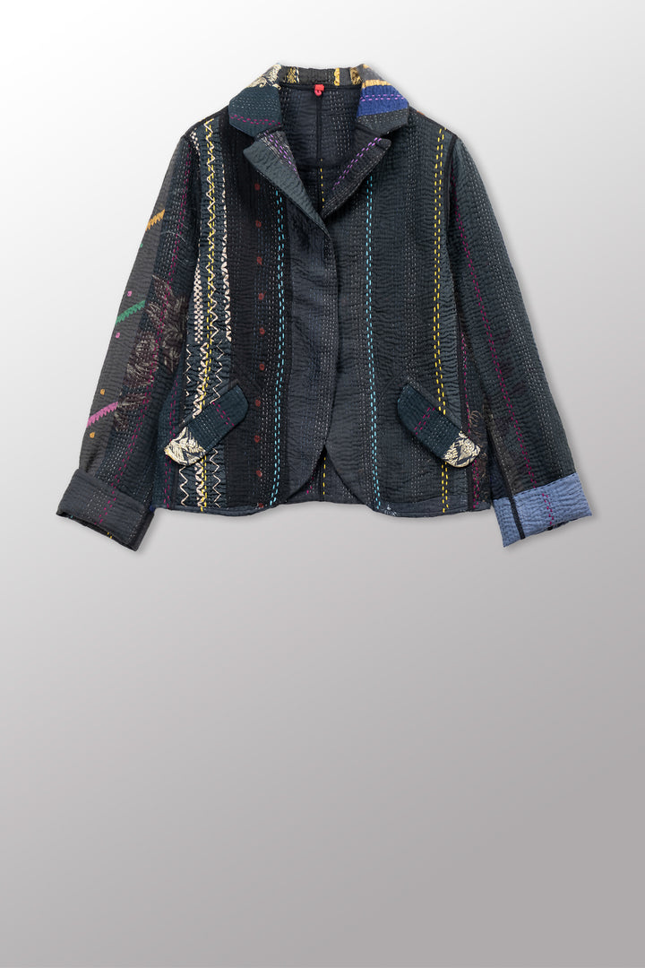 JEWEL WOVEN WITH VERTICAL PATCH KANTHA CROPPED BASIC JACKET - jv4096-blk -