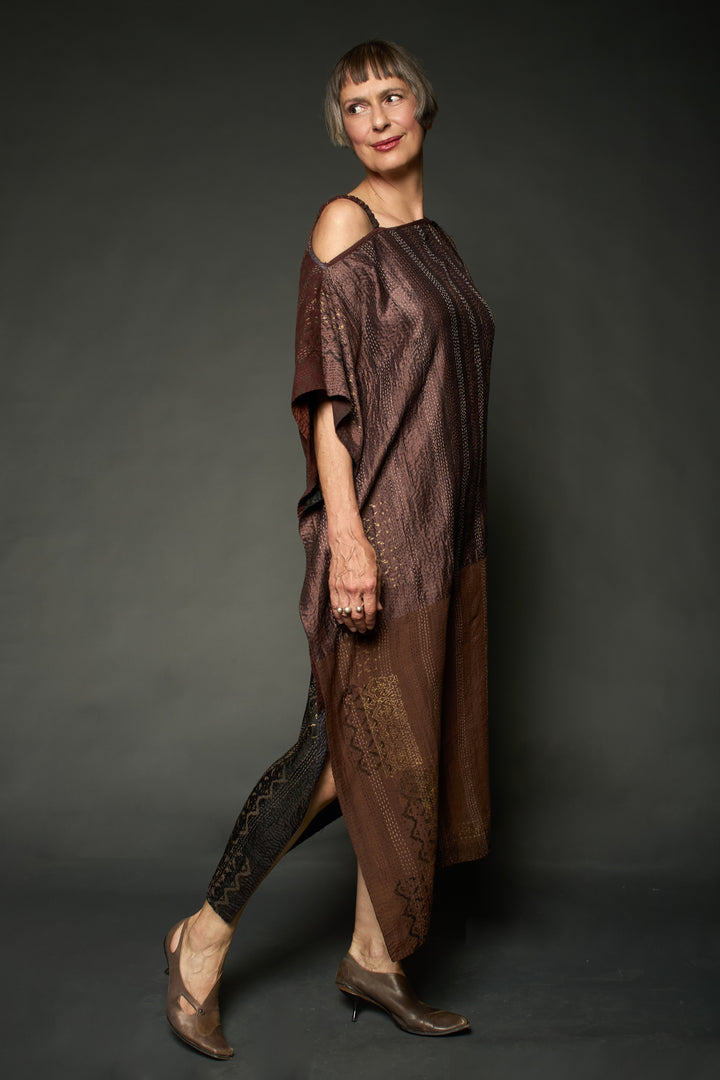 HALF SILK PATCH KANTHA ASYMMETRIC TUBE DRESS - hs2472-brn -