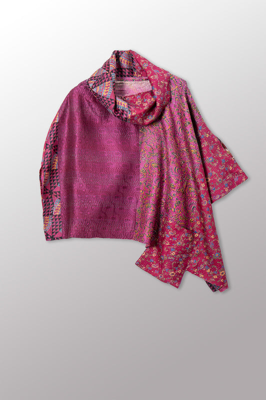 VINTAGE SILK KANTHA COWL NECK LONG CAPE - sv2842-0008a -